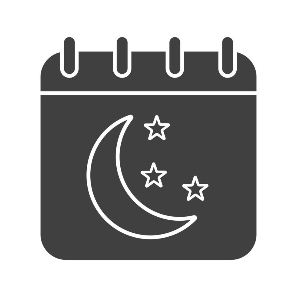 Symbol für die Nachtkalender-Glyphe. Silhouette-Symbol. Kalenderseite mit Mond und Sternen. negativen Raum. isolierte Vektorgrafik vektor