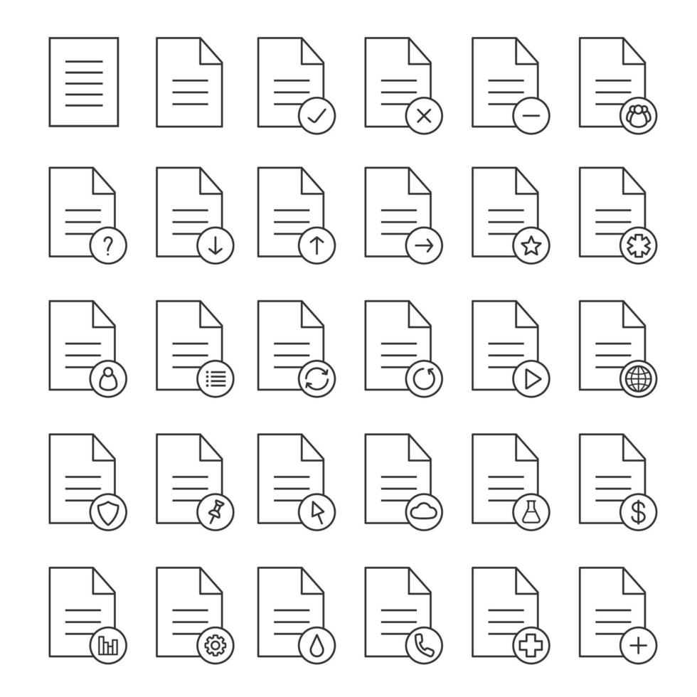 Dokumente lineare Symbole gesetzt. Statistik, Krankenversicherung und Test, Vertrag, genehmigtes Dokument. Datei senden, anpinnen, hochladen, herunterladen. dünne Linienkontursymbole. isolierte vektorumrissillustrationen vektor