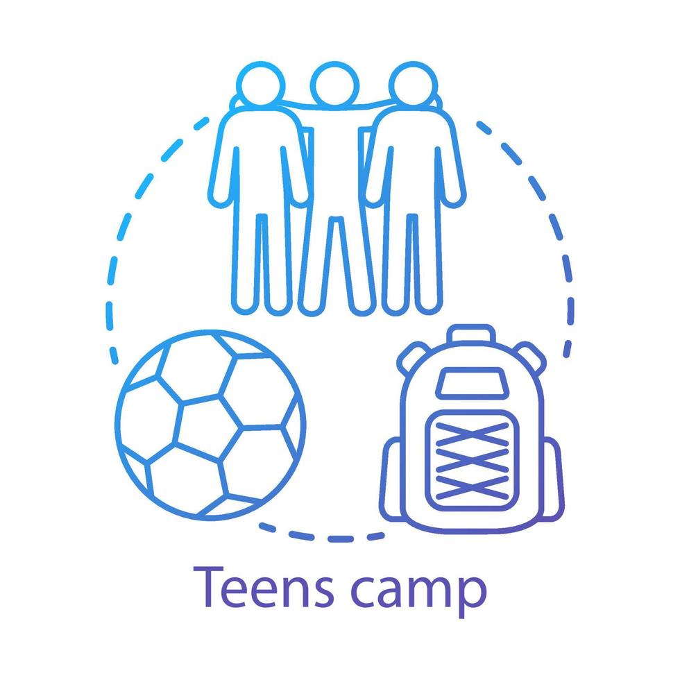 Teenager-Camp-Konzept-Symbol. Sommer-Youngster-Club, Community-Idee dünne Linie Illustration. Teenager-Ferienort. Sport nach der Schule Einrichtung. Vektor isolierte Umrisszeichnung. bearbeitbarer Strich