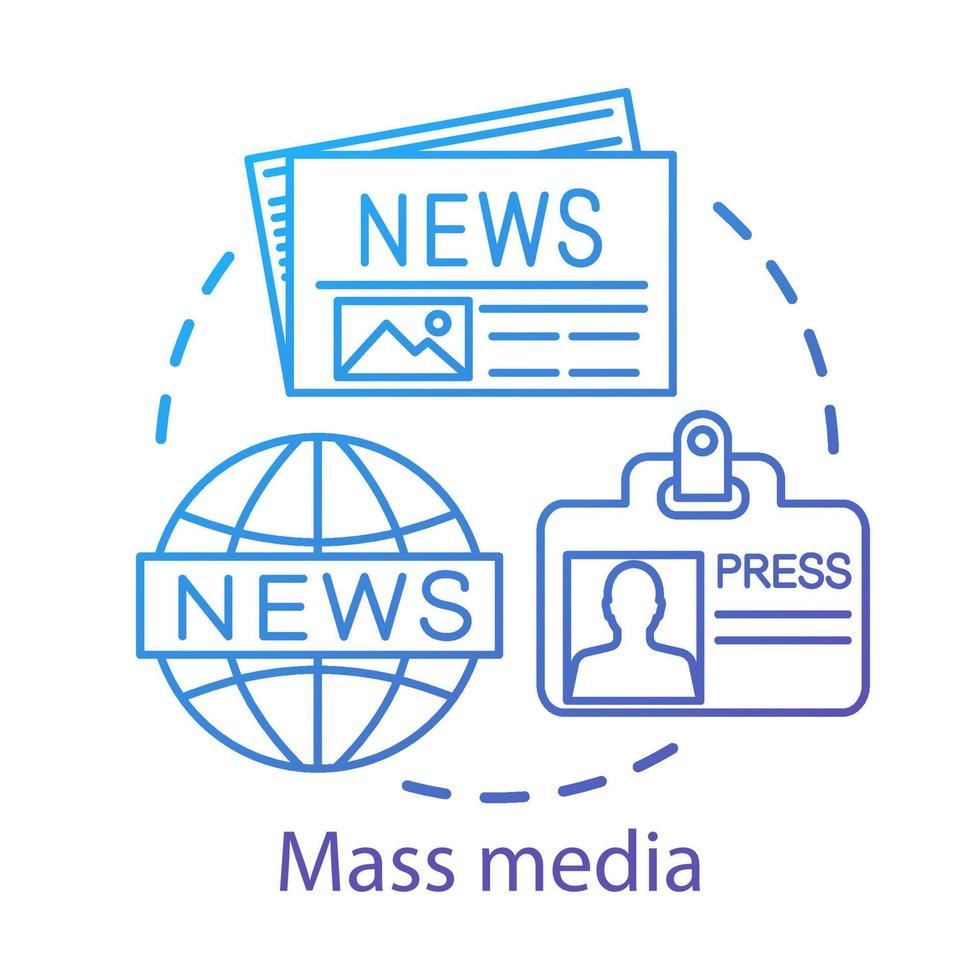 Massenmedien-Konzept-Symbol. Nachrichtenagentur. Journalismus. Informationskanal bzw. Rückblick auf das Weltgeschehen. Zeitungsredaktion Idee dünne Linie Illustration. Vektor isolierte Umrisszeichnung. bearbeitbarer Strich