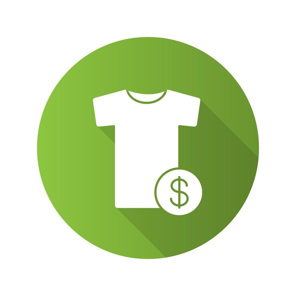 köpa kläder platt design lång skugga ikon. t-shirt med dollartecken. vektor siluett symbol