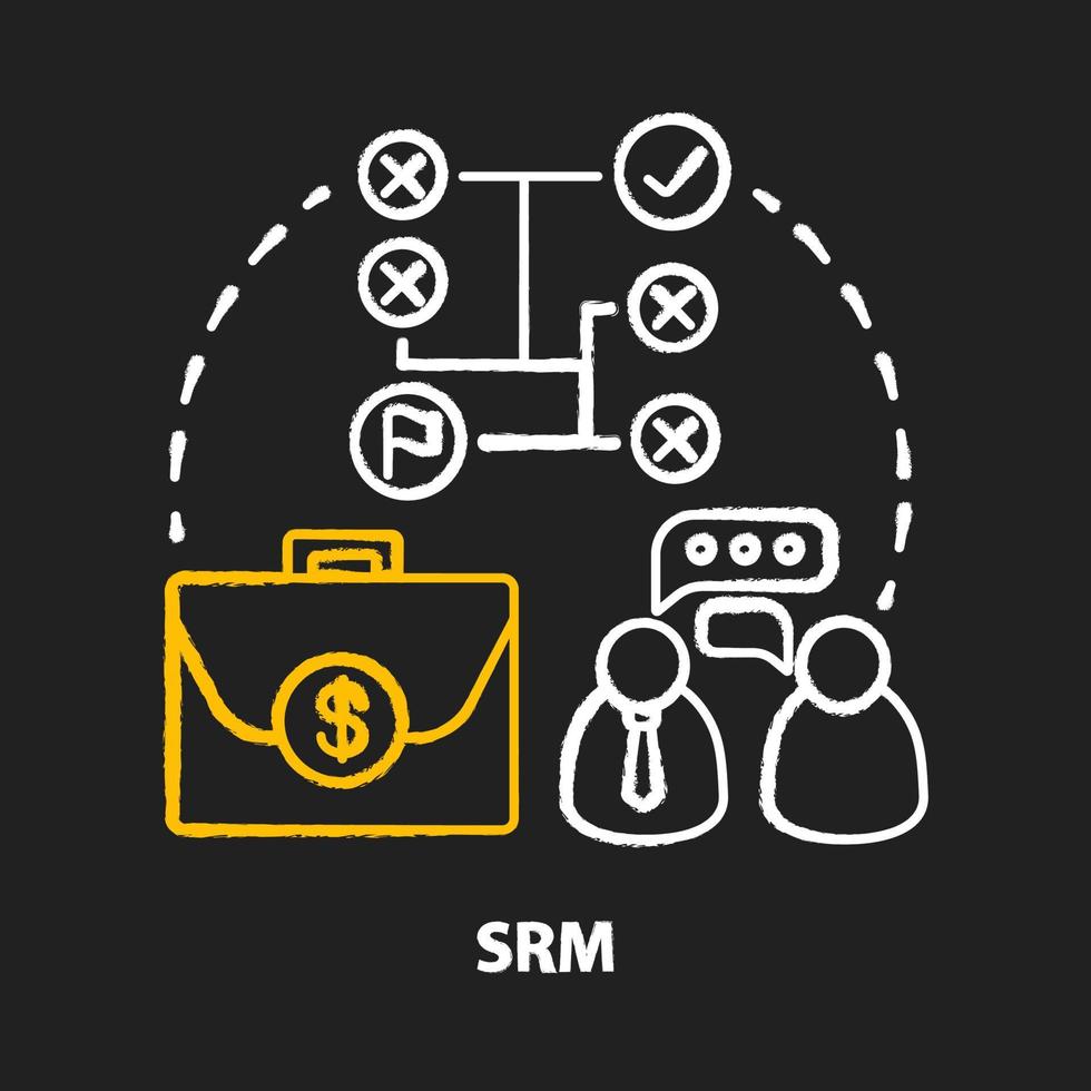 srm krita koncept ikon. idé för hantering av leverantörsrelationer. planering och ledning. partnerskap och företagsledning. dataspårning och analys. vektor isolerade svarta tavlan illustration