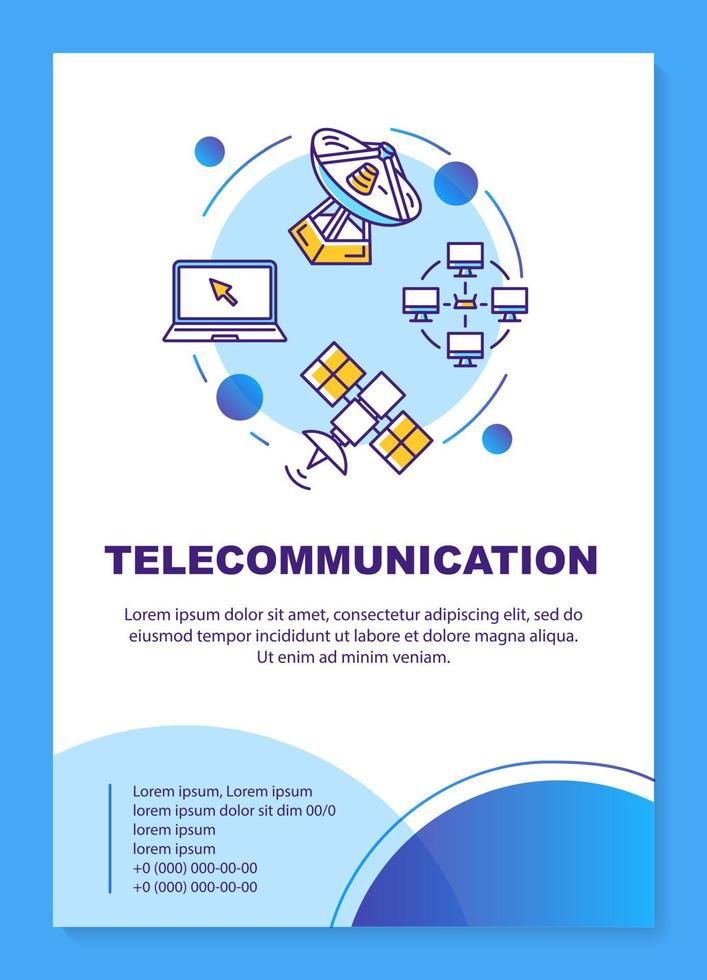 Layout der Plakatvorlage für die Telekommunikationsindustrie. Fernsehübertragung. Banner, Broschüre, Broschürendruckdesign mit linearen Symbolen. Vektorbroschürenseitenlayouts für Zeitschriften, Werbeflyer vektor