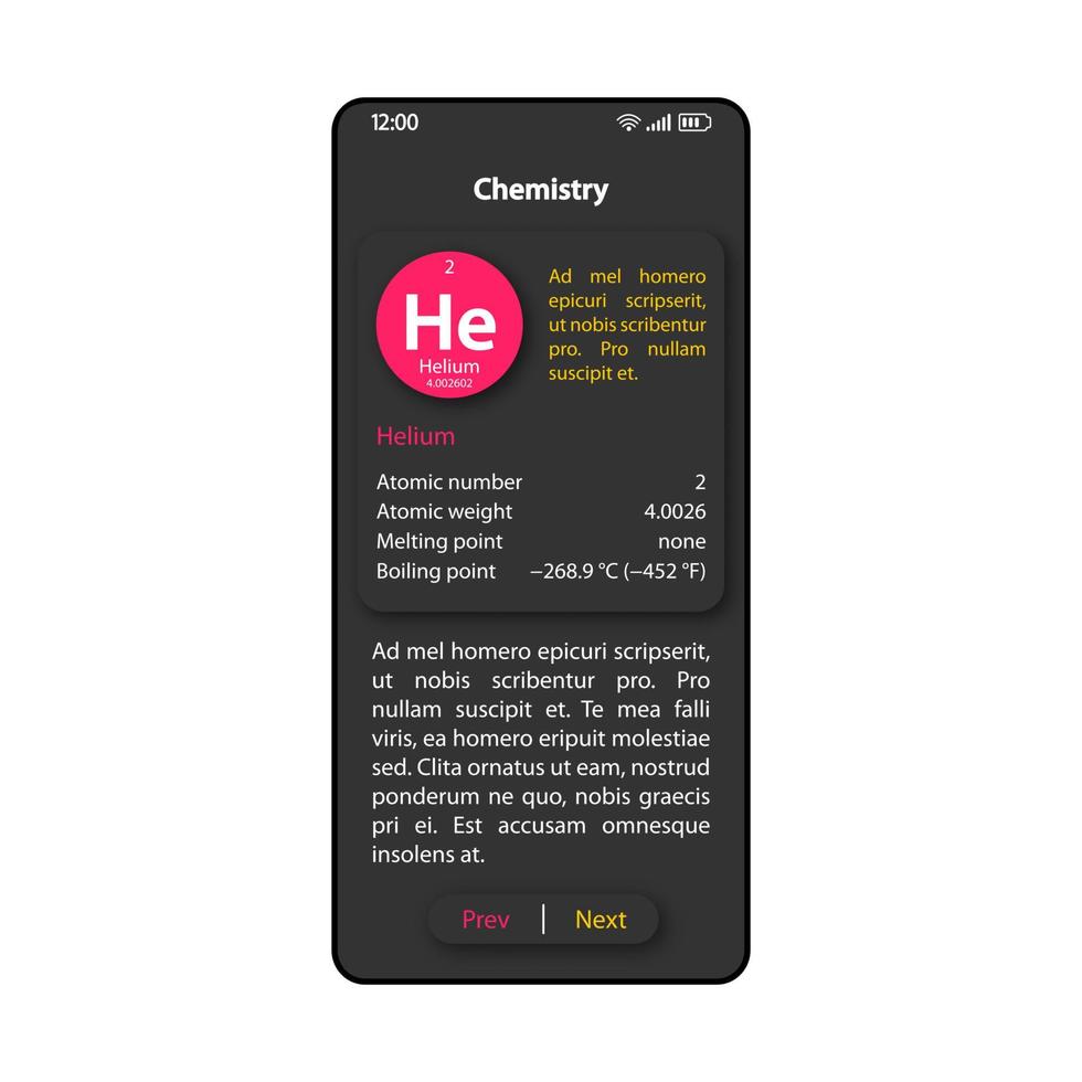 kemi lärobok smartphone gränssnitt vektor mall. mobil app sida svart design layout. skärm för beskrivning av kemiska elementegenskaper. platt UI för applikation. skolämnestelefondisplay