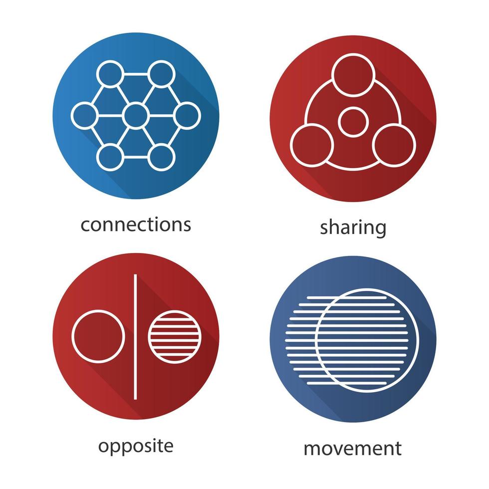 abstrakte Symbole flache lineare lange Schattensymbole eingestellt. Teilen, Verbindungen, Gegensätze, Bewegungskonzepte. Vektor-Umriss-Abbildung vektor