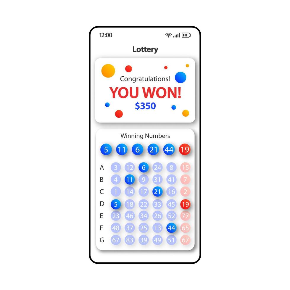 Lotterie-Smartphone-Schnittstellenvektorvorlage. weißes Design-Layout der mobilen App-Seite. Bildschirm mit Glückwünschen zum Sieg. flache ui für die anwendung. Gewinnzahlen-Kombinations-Telefondisplay vektor