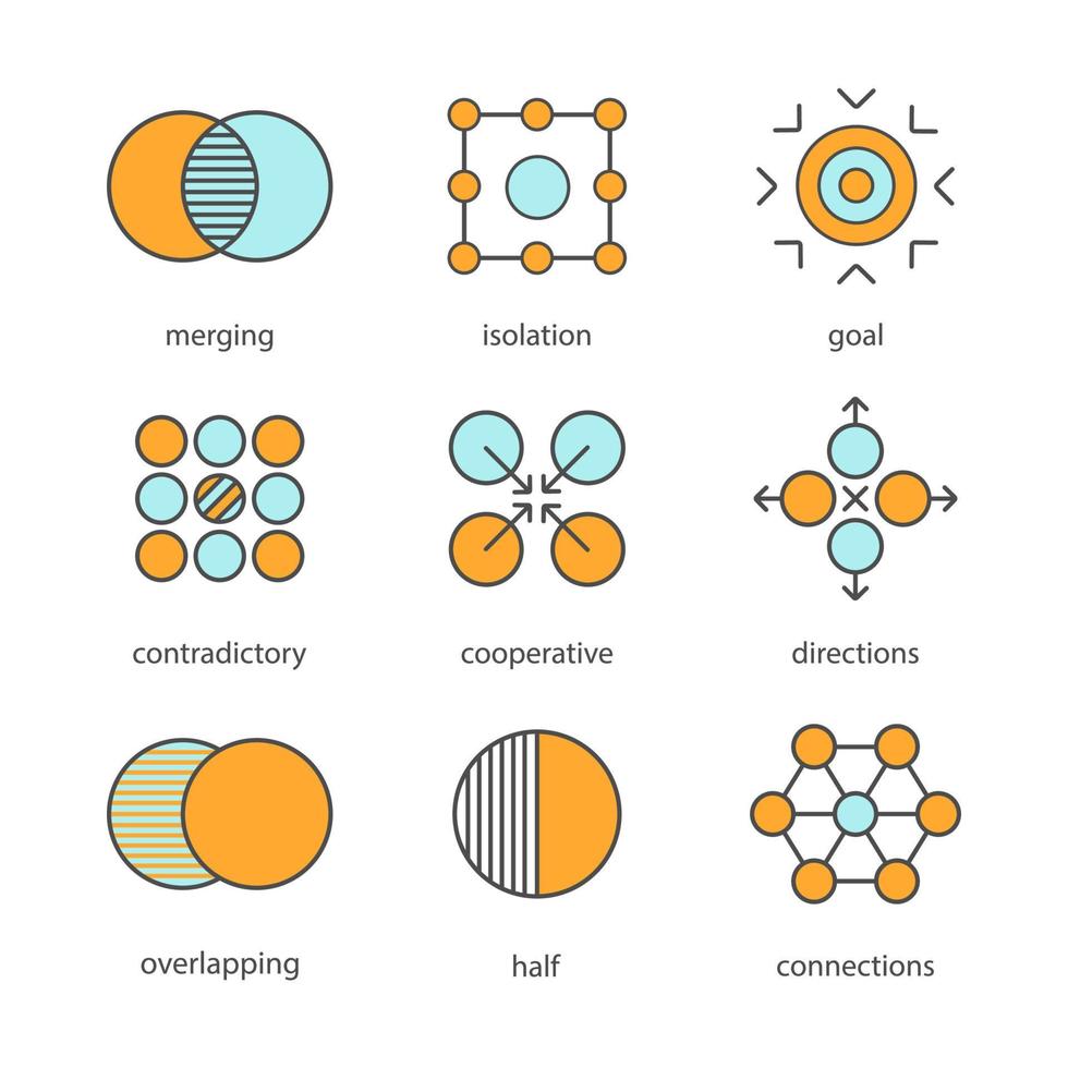 abstrakta symboler färg ikoner set. sammanslagning, isolering, mål, motsägelsefulla, kooperativa, riktningar, överlappande, hälften, anslutningar begrepp. isolerade vektorillustrationer vektor