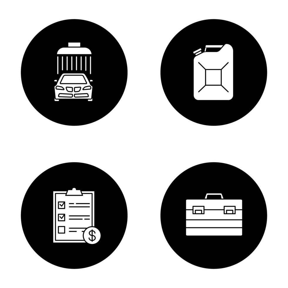 Autowerkstatt Glyphensymbole gesetzt. Autowäsche, Stahlkanister, Rechnung, Bauwerkzeugkasten. Vektorgrafiken von weißen Silhouetten in schwarzen Kreisen vektor