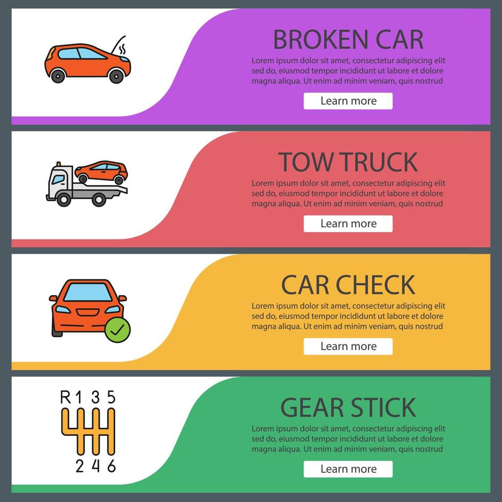 auto verkstad webb banner mallar set. trasig bil, bärgningsbil, bilkontroll, växelspak. menyalternativ på webbplatsens färg. vektor headers designkoncept