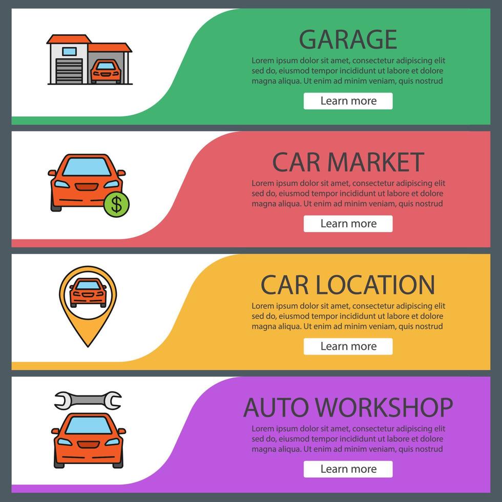 auto verkstad webb banner mallar set. garage, bilmarknad, bilplats, reparationsservice. menyalternativ på webbplatsens färg. vektor headers designkoncept