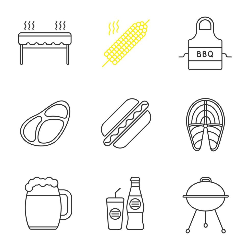 grill linjära ikoner set. bbq. grillar, majs på spett, förkläde, biff, varmkorv, fisk, ölmugg, läsk. tunn linje kontur symboler. isolerade vektor kontur illustrationer