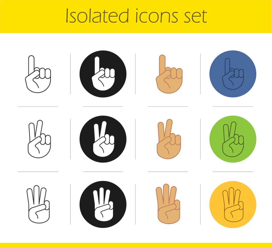 Handgesten-Symbole gesetzt. lineare, schwarze und farbige Stile. ein, zwei, drei Finger hoch. isolierte vektorillustrationen vektor