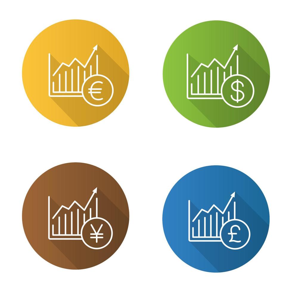 Forex-Markt-Wachstumsdiagramme flache lineare lange Schattensymbole eingestellt. Statistikdiagramme mit Dollar-, Euro-, Yen- und Pfundzeichen. vektorlinie illustration vektor