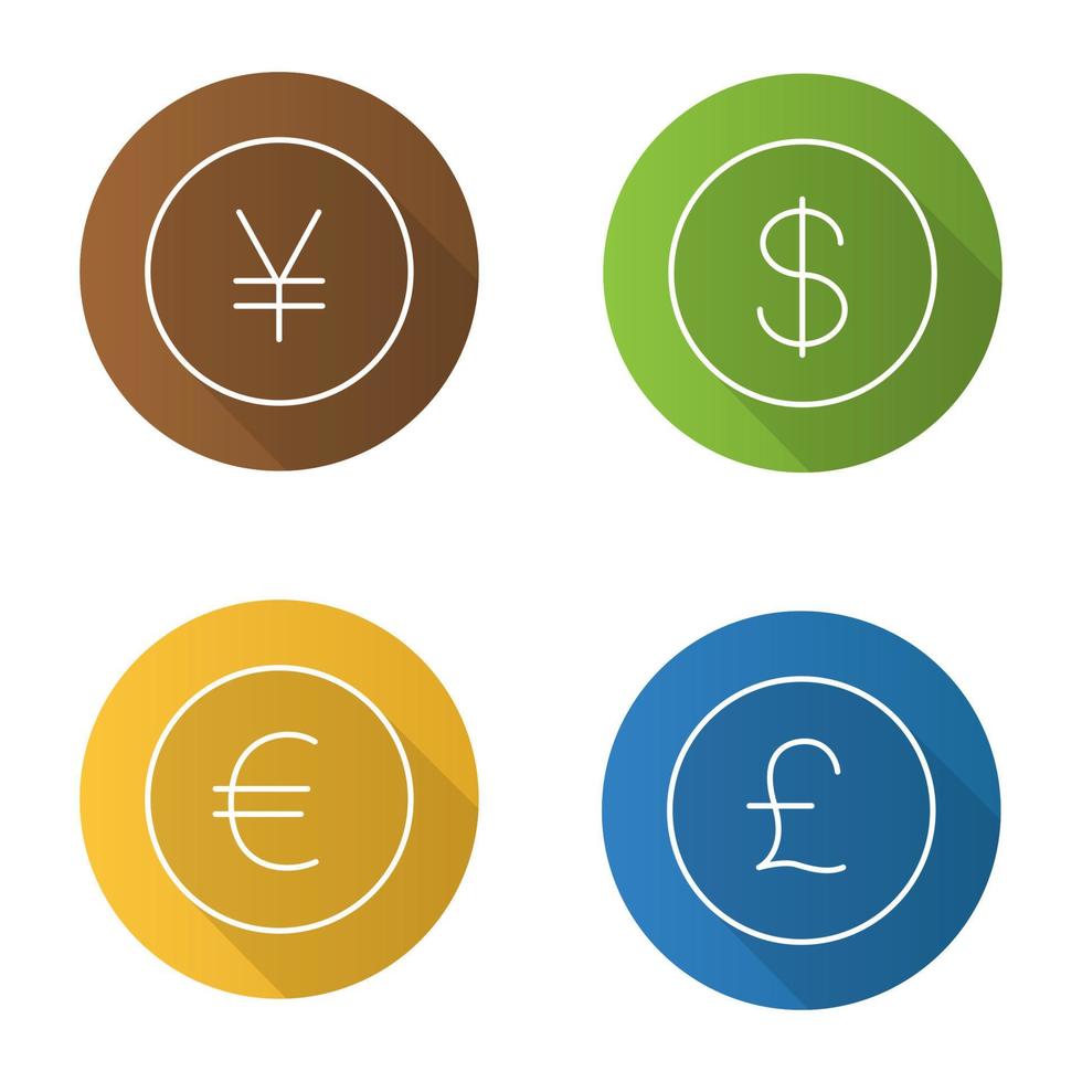 nationella valutor platt linjär lång skugga ikoner set. amerikanska dollar, brittiska pund, japanska yen, eurotecken. vektor kontur illustration