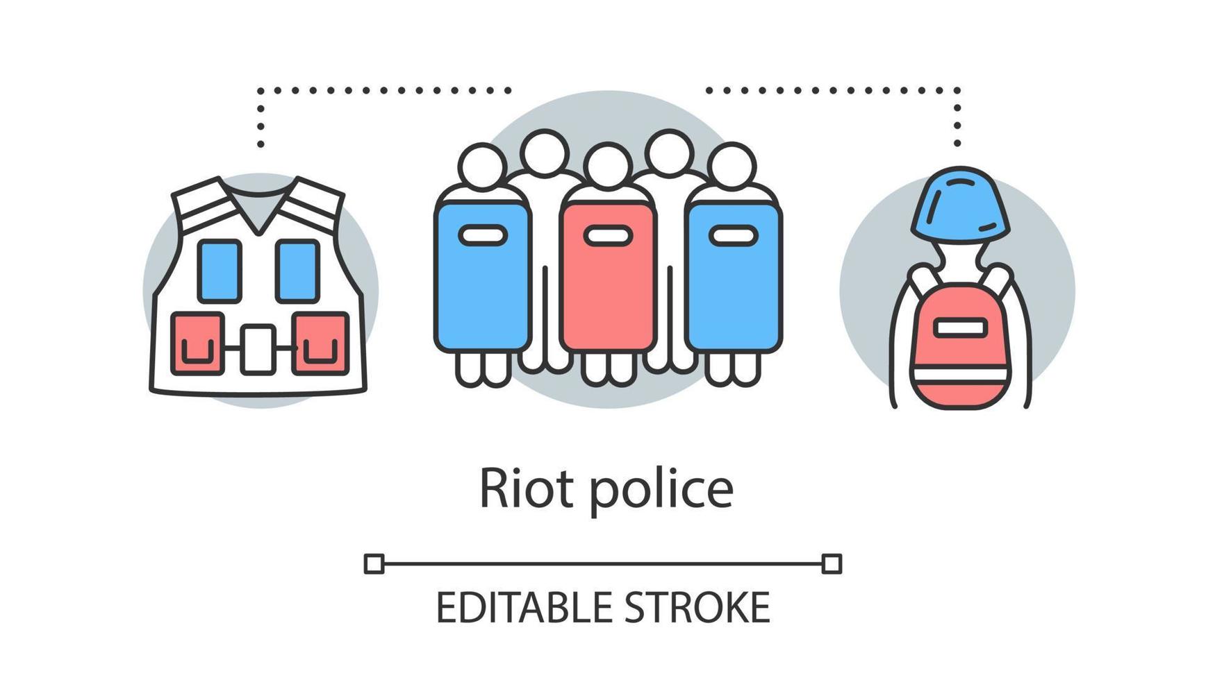 Symbol für das Konzept der Bereitschaftspolizei. Bürgerliche Unruhenkontrolle, Rebellionsunterdrückung Idee dünne Linie Illustration. Menschen mit Schilden, Weste und Schutzausrüstung Vektor isolierte Umrisszeichnung. bearbeitbarer Strich