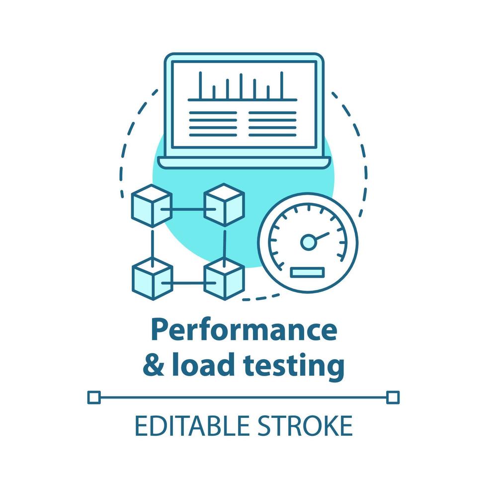 prestanda och lasttest konceptikon. forskningssystemets hastighet, stabilitet. webbplatshastighetsoptimering. ansökan kontrollera idé tunn linje illustration. vektor isolerade konturritning. redigerbar stroke