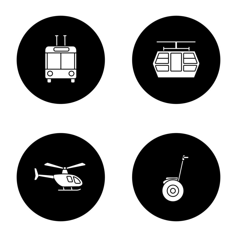 kollektivtrafik glyf ikoner set. transportmedel. trolleybuss, bergbana, helikopter, segway. vektor vita silhuetter illustrationer i svarta cirklar