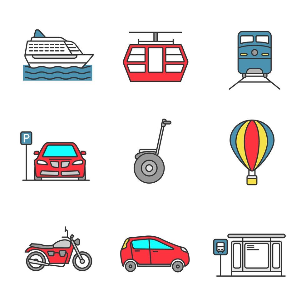 Farbsymbole für öffentliche Verkehrsmittel festgelegt. Transportmittel. Kreuzfahrtschiff, Standseilbahn, Zug, Parkzone, Segway, Heißluftballon, Motorrad, Auto, Busbahnhof. isolierte vektorillustrationen vektor