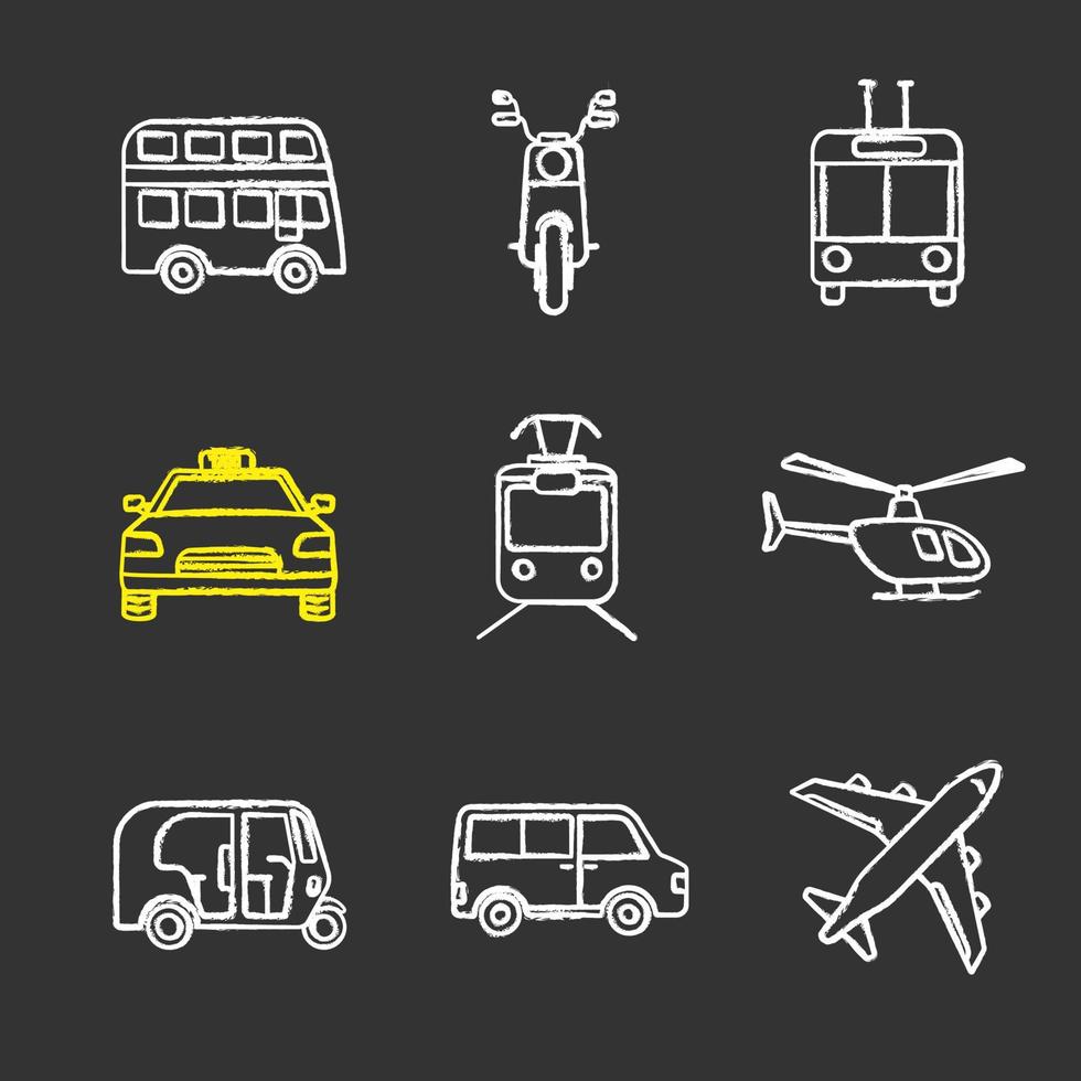 kollektivtrafik krita ikoner set. transportmedel. dubbeldäckare buss, skoter, trolleybuss, taxi, spårvagn, helikopter, bilrickshaw, minivan, flygplan. isolerade svarta tavlan vektorillustrationer vektor