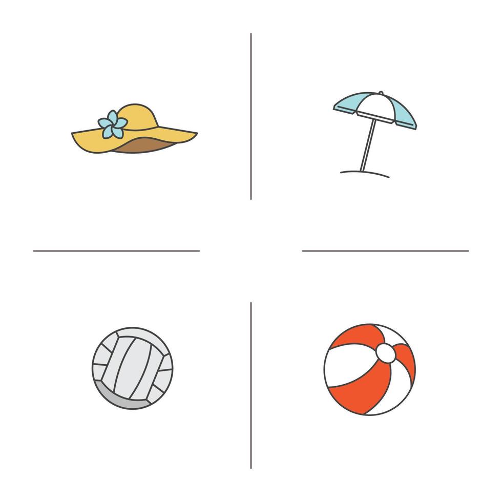 Sommer Farbsymbole gesetzt. Sommerferien. Volleyball- und Strandbälle, Regenschirm, Damenhut. isolierte vektorillustrationen vektor