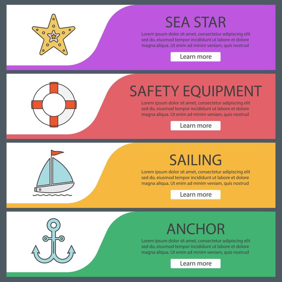 sommar webb banner mallar set. sjöstjärna, livring, segelbåt, ankare. menyalternativ på webbplatsens färg. vektor headers designkoncept