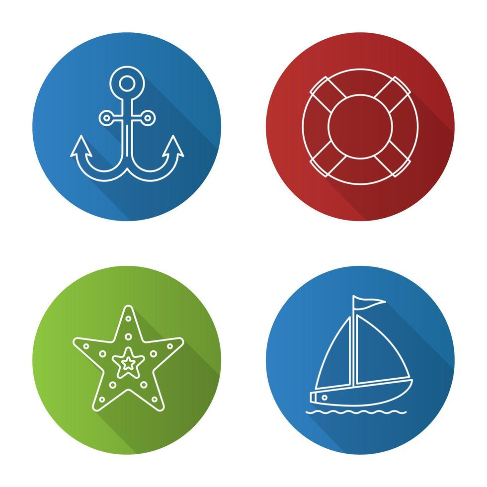 sommar platt linjär lång skugga ikoner set. sjöstjärna, livboj, segelbåt, ankare. vektor kontur illustration
