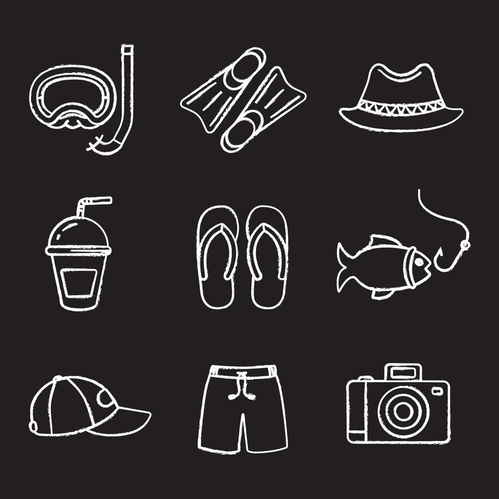 Sommerferien Kreide Icons Set. Aqualung, Flossen, Homburg Hut, Erfrischungsgetränk, Flip Flops, Angeln, Mütze, Badehose, Fotoapparat. isolierte tafel Vektorgrafiken vektor