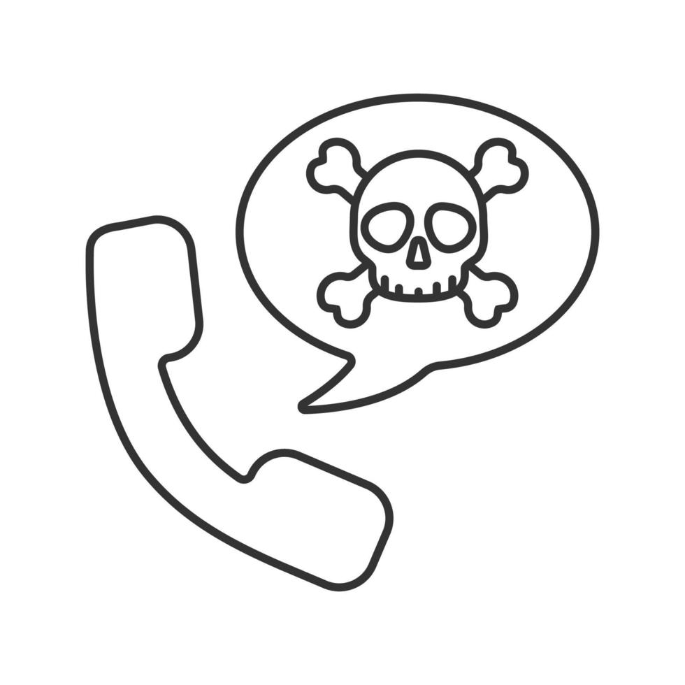 handenhet med skalle och korsade ben inuti pratbubblan. farligt telefonsamtal. linjär ikon. tunn linje illustration. kontur symbol. vektor isolerade konturritning