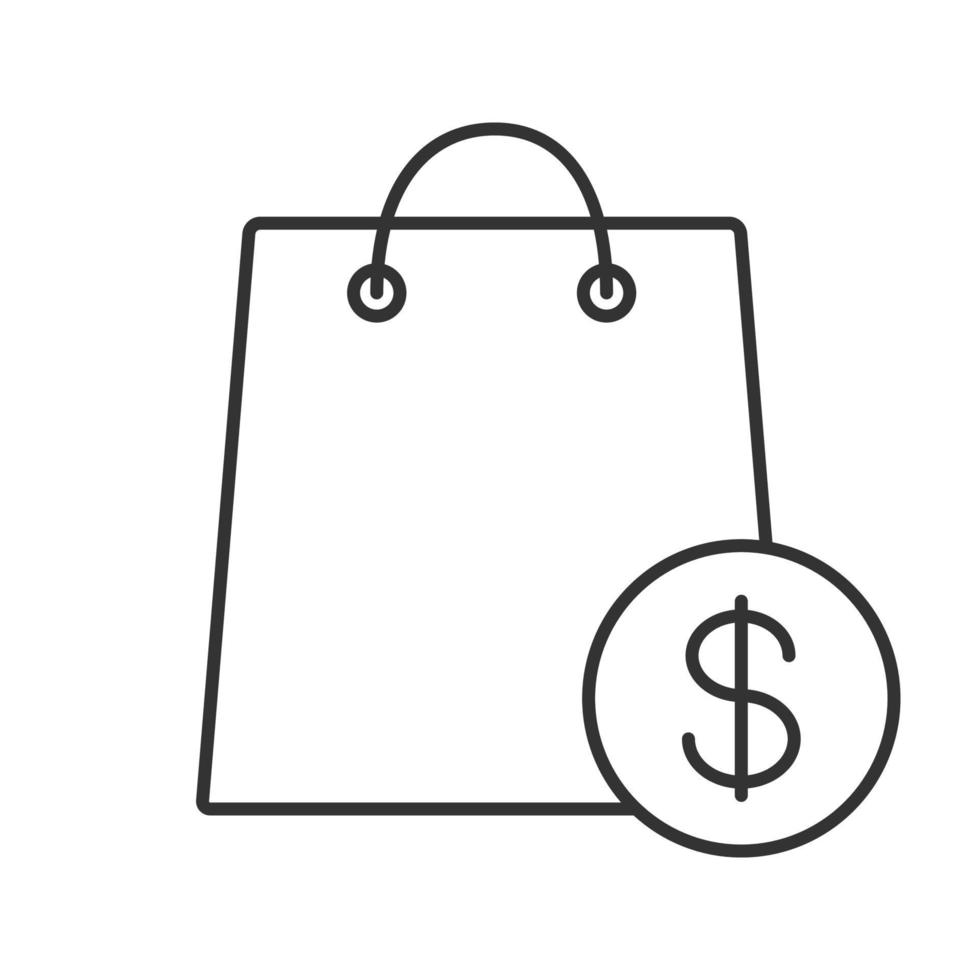 försäljning linjär ikon. tunn linje illustration. shoppingväska med dollartecken kontur symbol. vektor isolerade konturritning