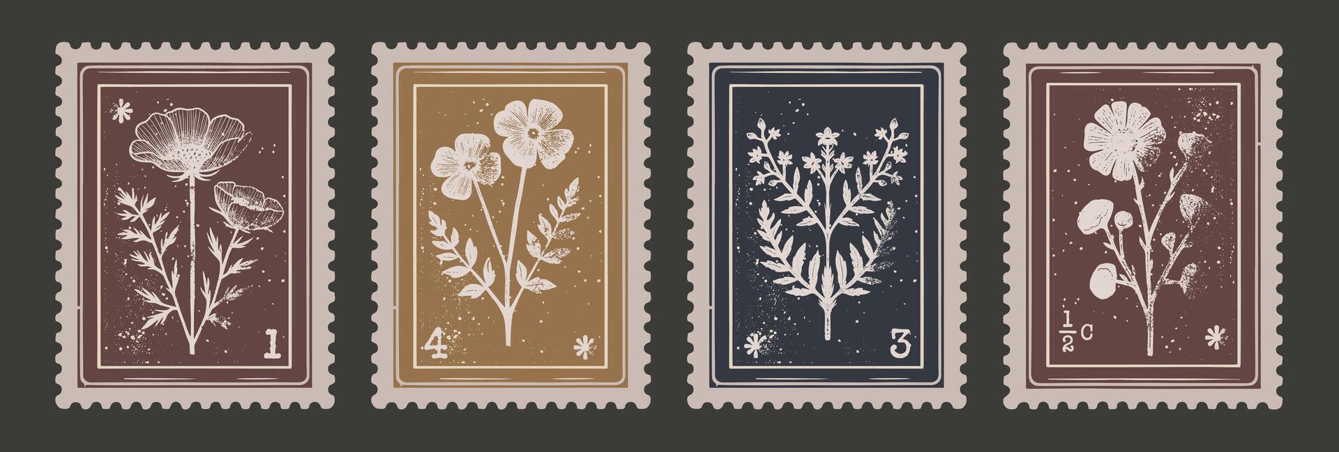 Jahrgang botanisch Porto Briefmarke Satz. alt Blumen- Scrapbooking Dekor vektor