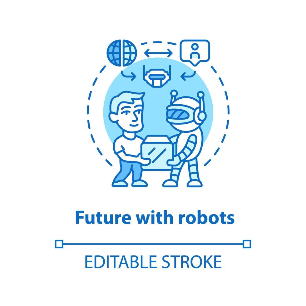 Zukunft mit Roboter blaues Konzeptsymbol. Robotik in der Gesellschaftsidee dünne Linie Illustration. Interaktion mit innovativen Technologien. zeitgemäße Lieferung. Vektor isolierte Umrisszeichnung. bearbeitbarer Strich