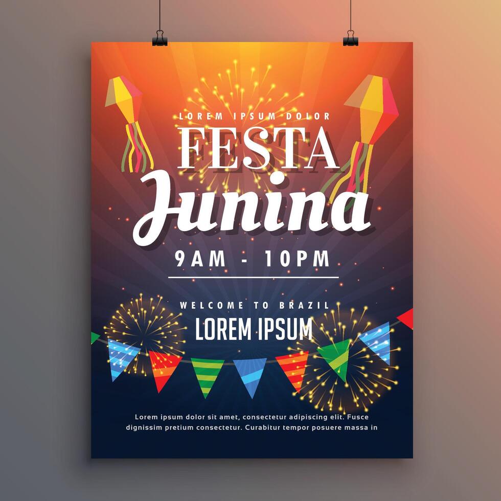 festa junina fest inbjudan flygblad design med fyrverkeri vektor