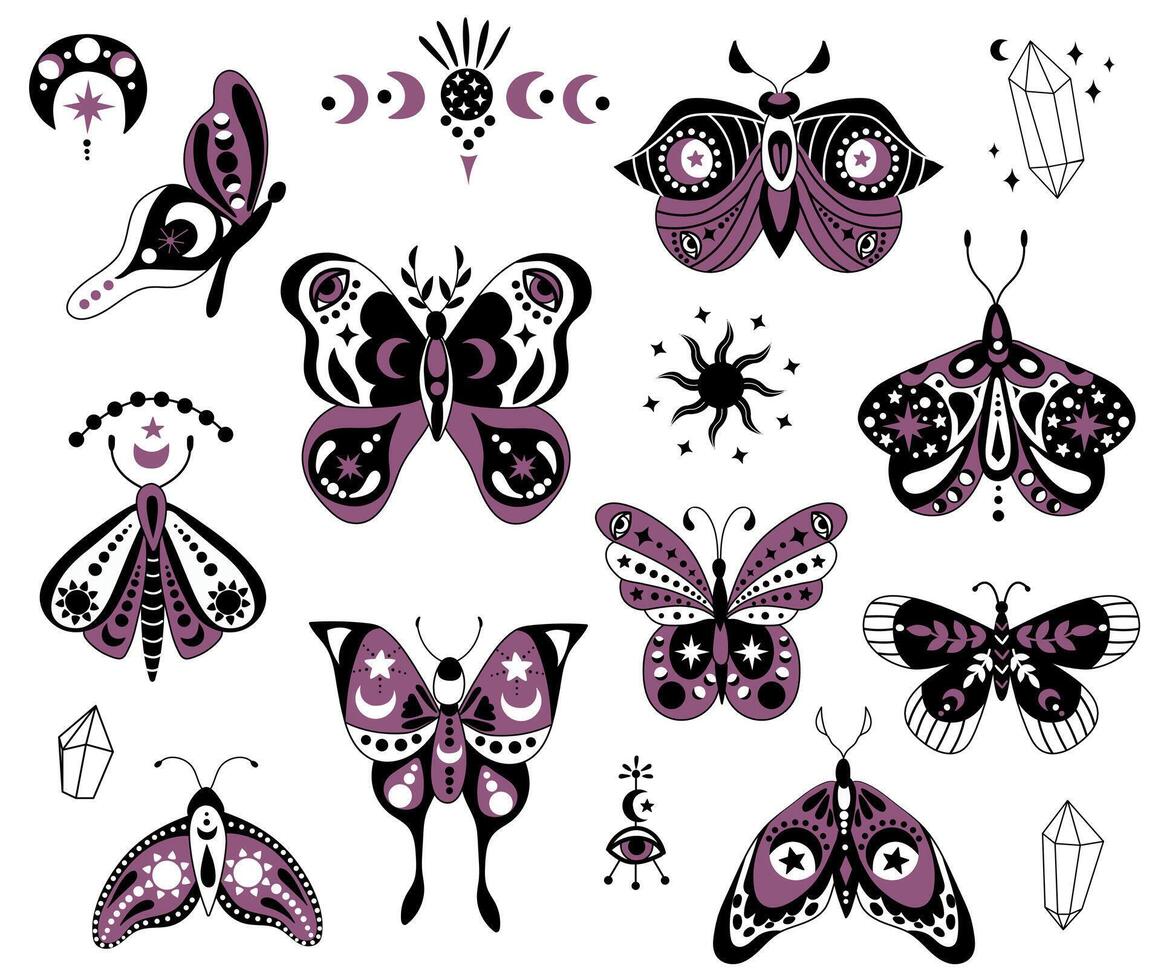 mystisk himmelsk fjärilar och malar i boho stil. isolerat cliparts på vit bakgrund vektor