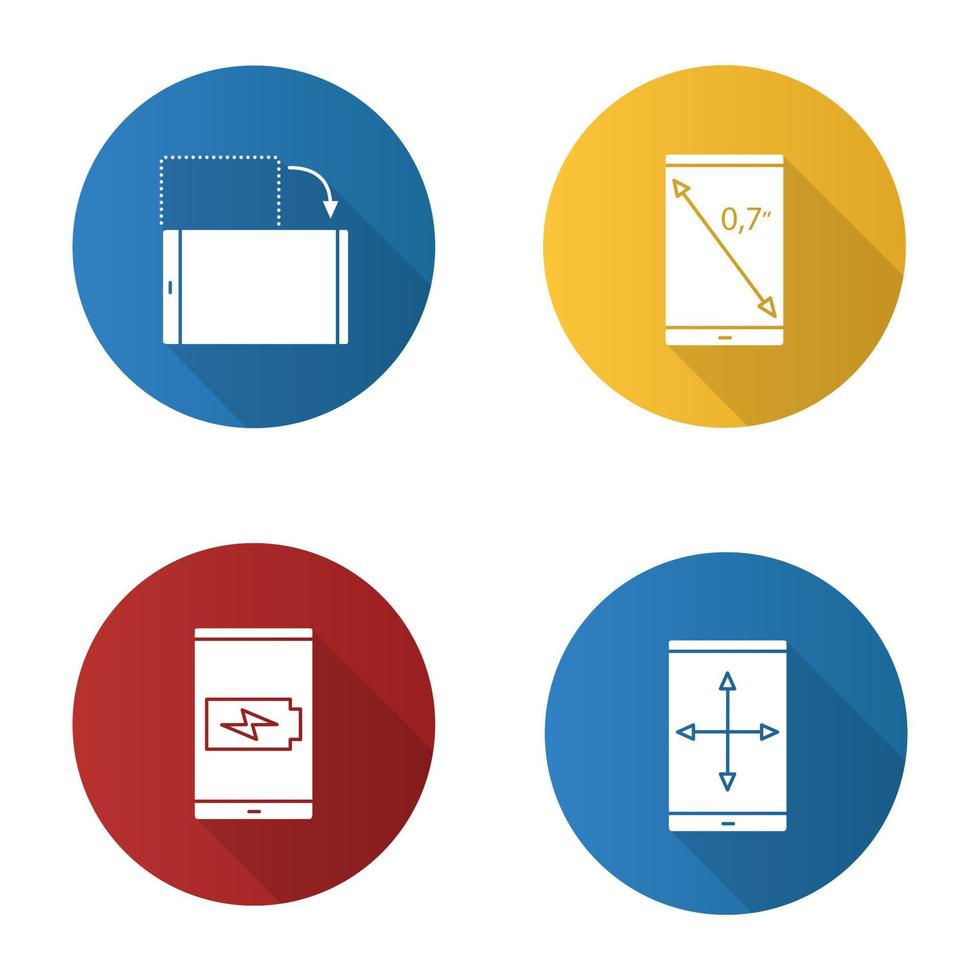 Smartphone flaches Design lange Schatten Glyphe Icons Set. Display-Zoll-Größe, Bildschirmdrehung und Größenänderung, Aufladen des Akkus. Vektor-Silhouette-Abbildung vektor