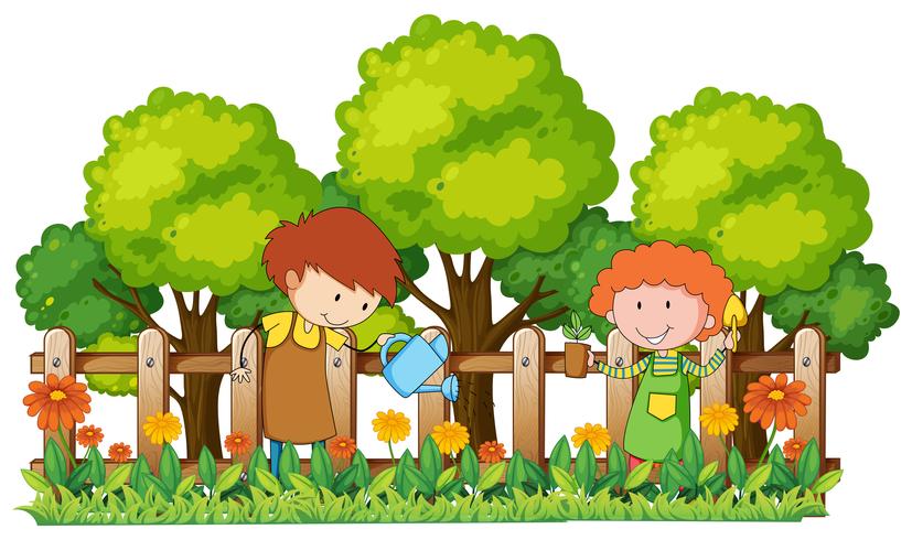 Glückliche Kinder, die Anlagen im Garten wässern vektor
