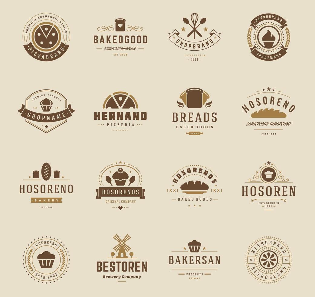 bageri affär logotyper, märken och etiketter vektor