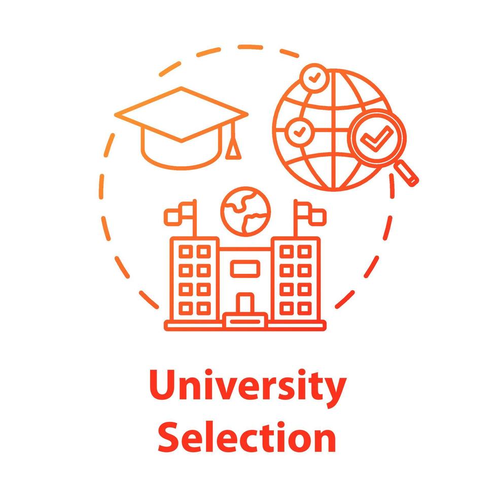 Symbol für das Konzept der Universitätsauswahl. Hochschule wählen. Hochschulstudium im Ausland. Internationale Fernunterrichtsidee dünne Linie Illustration. Vektor isolierte Umrisszeichnung