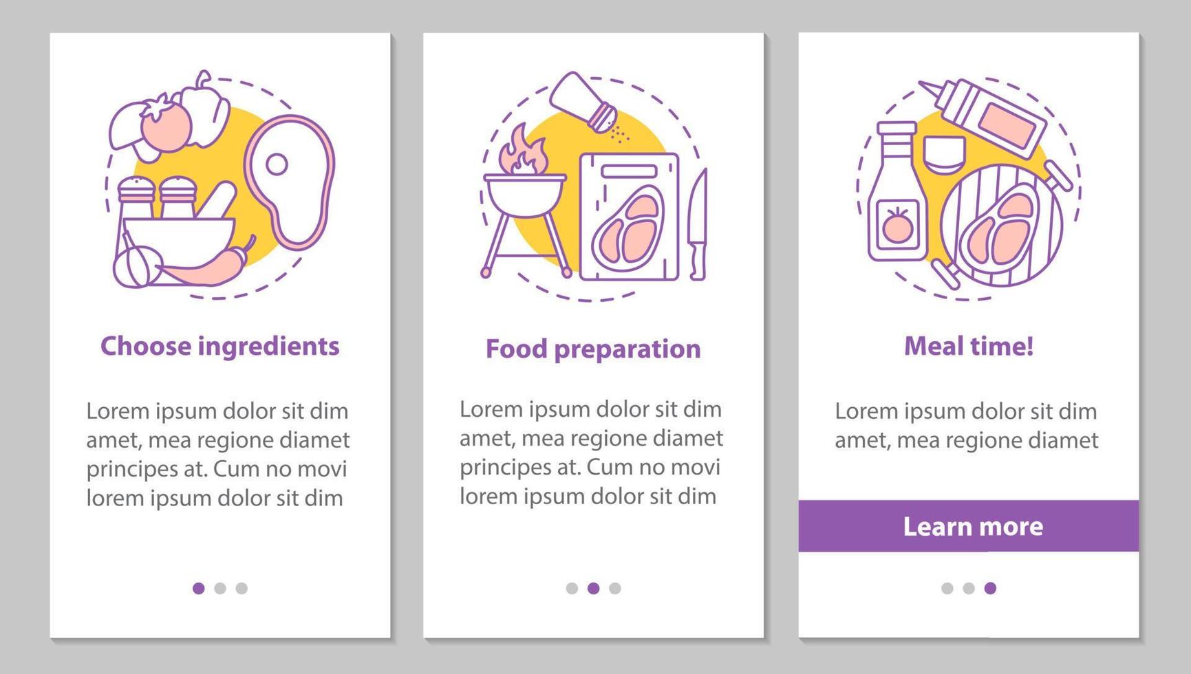 Kochen Onboarding mobiler App-Seitenbildschirm mit linearen Konzepten. Auswahl der Zutaten, Zubereitung von Speisen, grafische Anweisungen für die Essenszeitschritte. ux, ui, gui-Vektorvorlage mit Illustrationen vektor