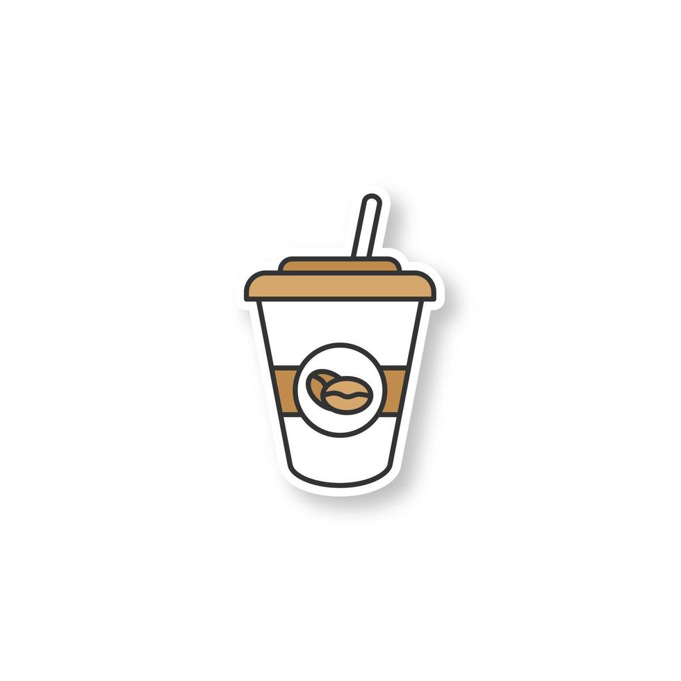 iskaffe dryck patch. engångs kaffekopp med sugrör. färg klistermärke. vektor isolerade illustration