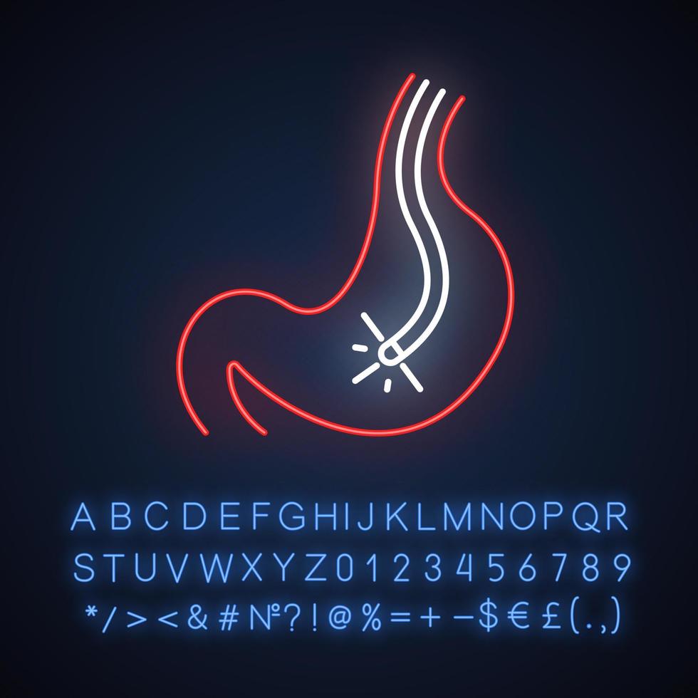 endoskopi neonljus ikon. gastroskopiprocess. medicinsk procedur. sjukvård. sjukdomsdiagnostik. visuell inspektion. glödande tecken med alfabet, siffror och symboler. vektor isolerade illustration