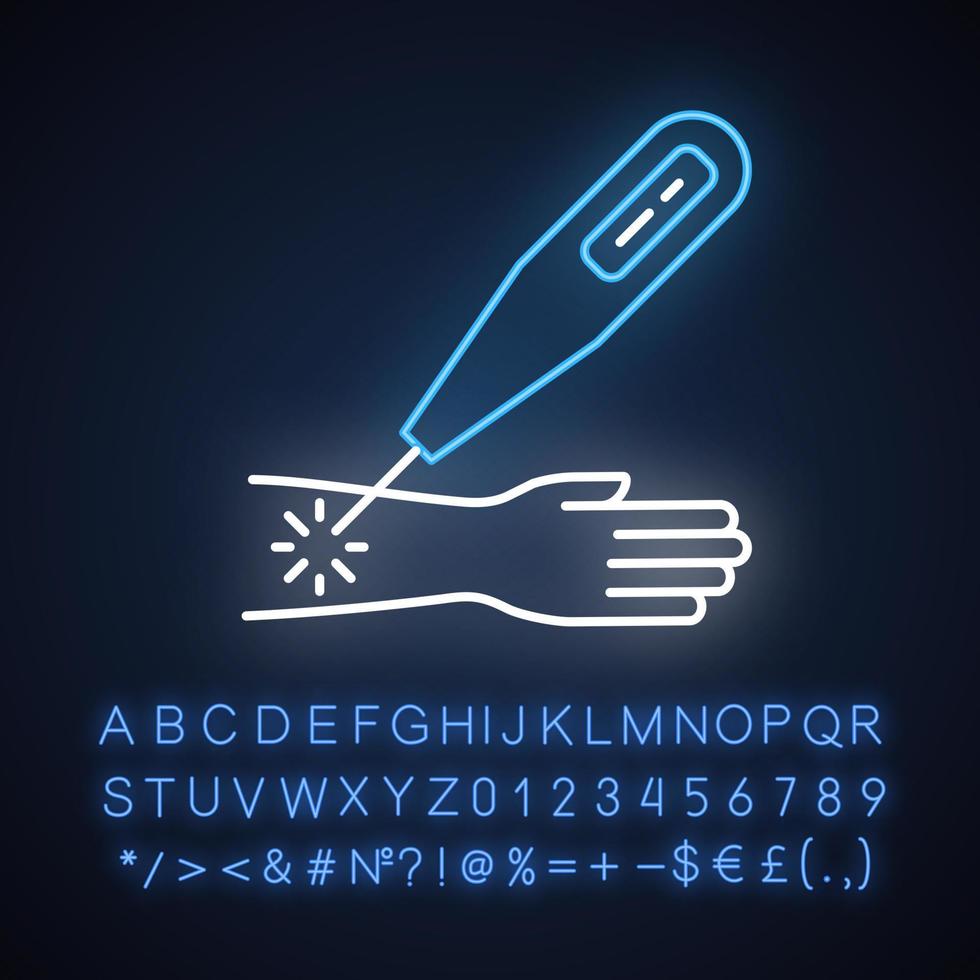 Symbol für Lasertherapie-Neonlicht. medizinischer chirurgischer Eingriff. Gesundheitspflege. Krankheit Hilfe. Verletzungstherapie. Tumor zerstören. leuchtendes Schild mit Alphabet, Zahlen und Symbolen. isolierte Vektorgrafik vektor