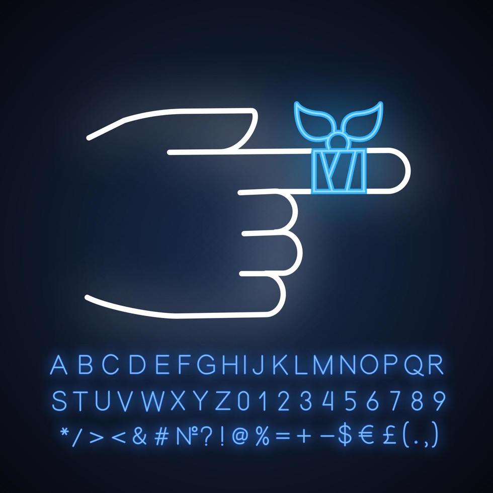 Neonlichtsymbol verbinden. Finger verletzen. Handverletzung. Armschmerzen helfen. Erste Hilfe. Medizinische Prozedur. Gesundheitspflege. Verletzung. leuchtendes Schild mit Alphabet, Zahlen und Symbolen. isolierte Vektorgrafik vektor