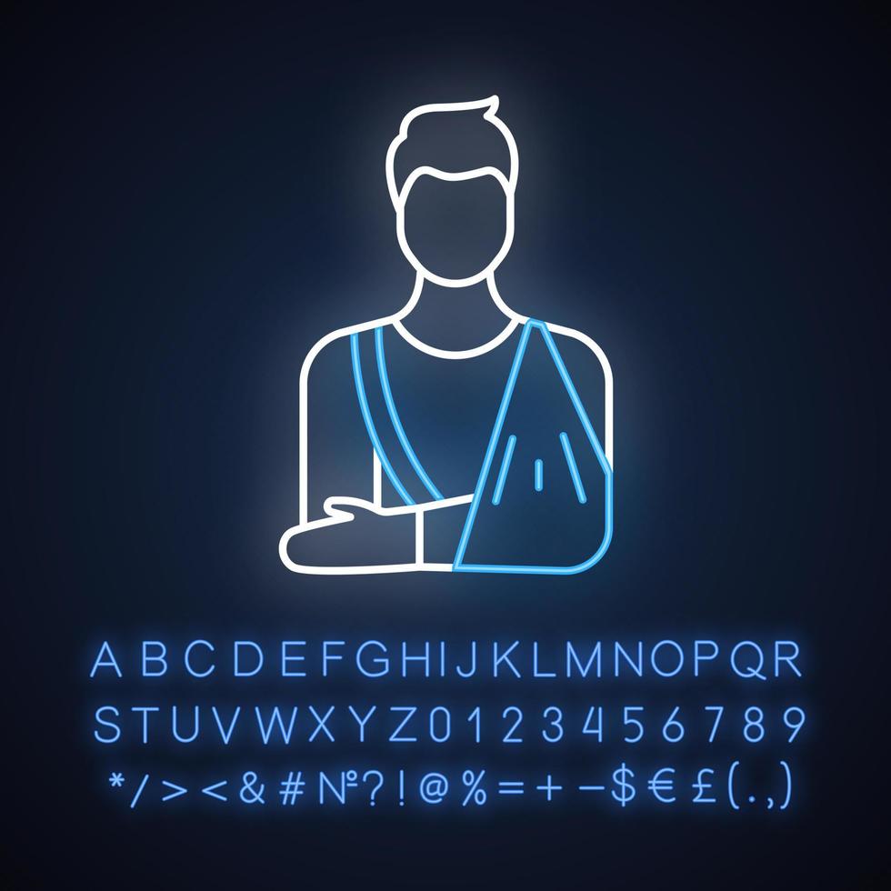 Symbol für orthopädisches Neonlicht. gebrochener Knochen. gebrochener Arm. Medizinische Prozedur. Behandlung von Verletzungen. Trauma-Hilfe. leuchtendes Schild mit Alphabet, Zahlen und Symbolen. isolierte Vektorgrafik vektor