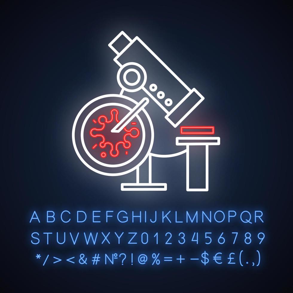 Symbol für Neonlicht für Infektionstests. Medizinische Prozedur. Blutkulturtest. Mikroskop mit Probe. Hämatologie, Mikrobiologie. leuchtendes Schild mit Alphabet, Zahlen und Symbolen. isolierte Vektorgrafik vektor