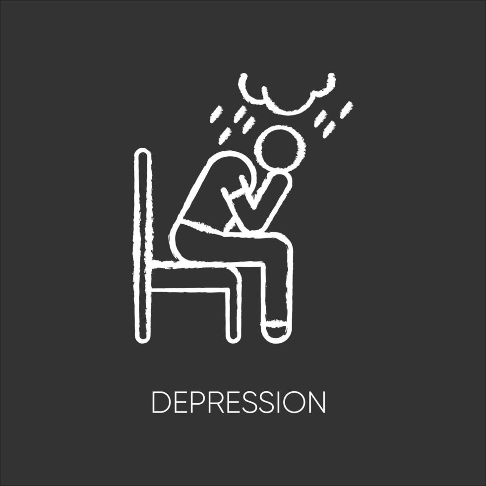 depression krita ikon. ledsen och orolig man. dåligt humör. gråtande person. kronisk utmattning, trötthet. frustration och stress. känslomässig press. mental sjukdom. isolerade svarta tavlan vektorillustration vektor