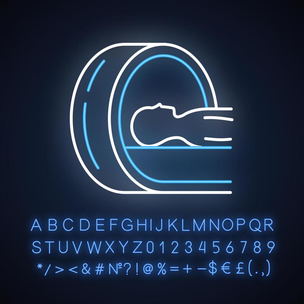 Tomographie-Neonlicht-Symbol. Gehirn Scan. Krebs-Tumor-Check. Krankheit Untersuchung. Medizinische Prozedur. Gesundheitsbewertung. leuchtendes Schild mit Alphabet, Zahlen und Symbolen. isolierte Vektorgrafik vektor