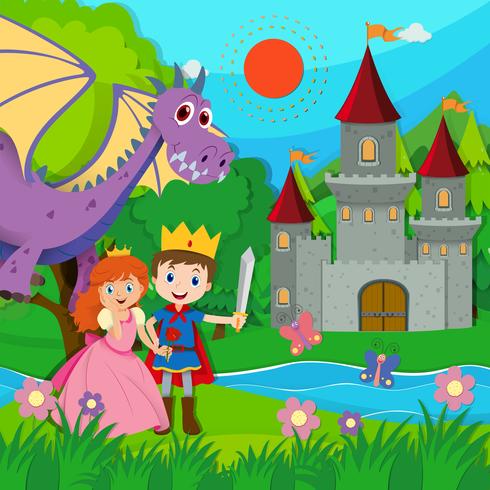 Fairytale scen med prins och prinsessa vektor
