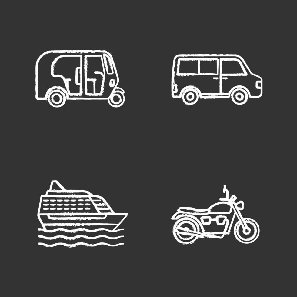 Kreidesymbole für öffentliche Verkehrsmittel gesetzt. Transportmittel. Autorikscha, Minivan, Kreuzfahrtschiff, Motorrad. isolierte tafel Vektorgrafiken vektor