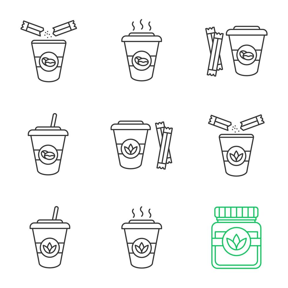 Kaffee- und Teegetränke mit linearen Zuckersymbolen eingestellt. Detox-Kräuter und Cocktails. dünne Linienkontursymbole. isolierte vektorumrissillustrationen vektor