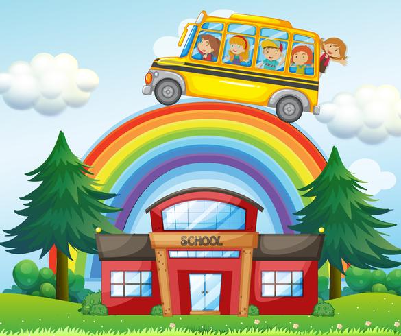 Barn på skolbuss som rider över regnbågen vektor